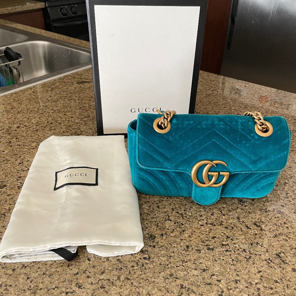 Gucci Velvet Matelasse Mini GG Marmont Shoulder Bag Petrol Blue